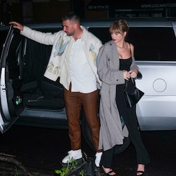 Travis Kelce and Taylor Swift arrive at SNL Afterparty on October 15, 2023 in New York City. 