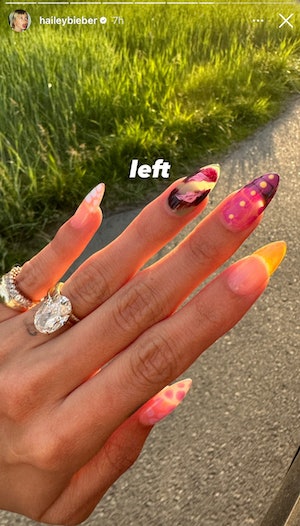 Hailey Bieber's mismatched nails are a masterclass in maximalist nail art.