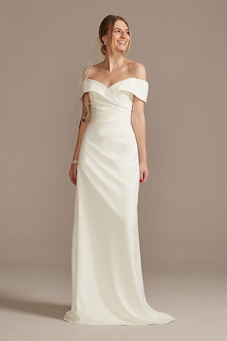 David's Bridal Crepe Off-The-Shoulder Sheath Wedding Dress