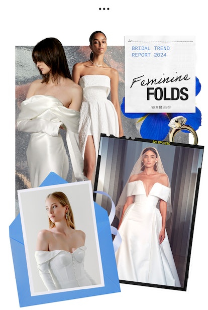 Feminine Folds: folded neckline wedding dresses are among 2024 bridal trends.