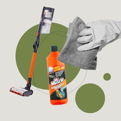 A composite image of a vacuum cleaner, mr muscle drain unblocker, and a washing up gloved-hand with ...